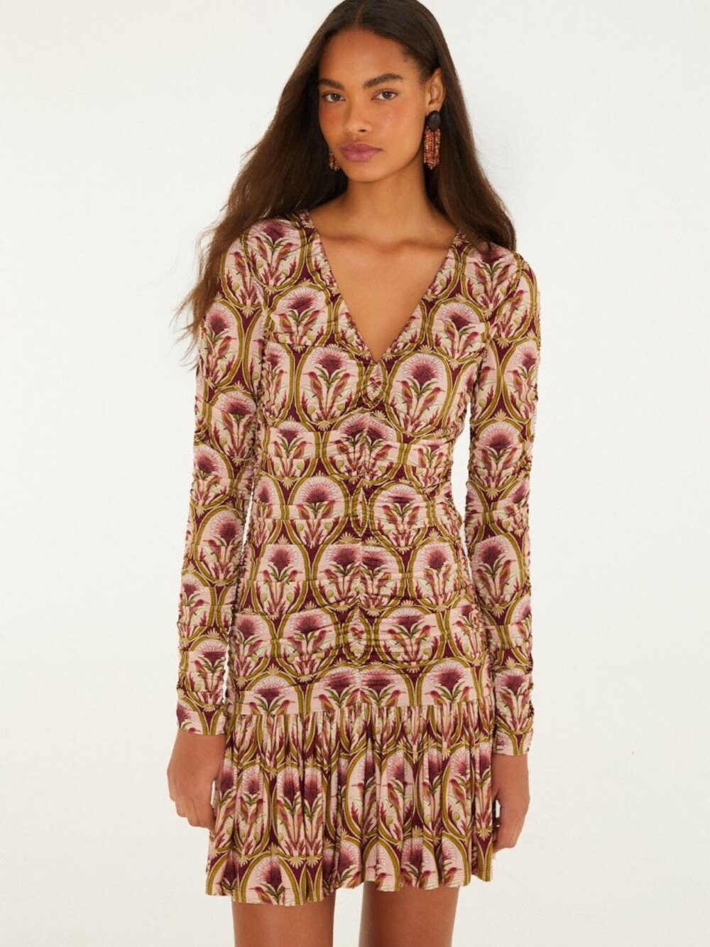 Garden Medal Long Sleeve Ruched Mini Dress